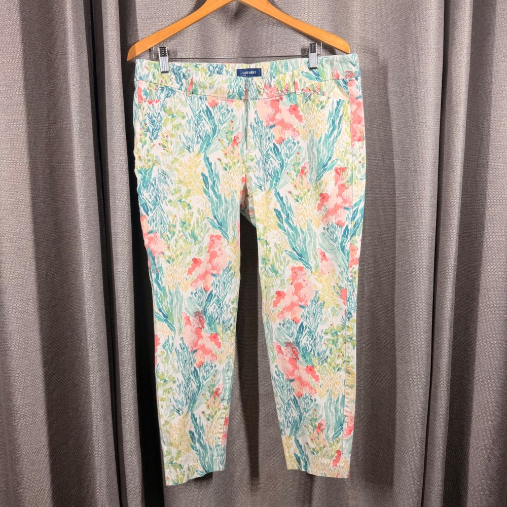 Old‎ Navy Pixie Mid-Rise Ankle Pants Coral Teal Sea Life Print Womens 16 Regular